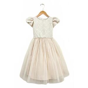 NEW SWEET KIDS girl's child puff sleeve jacquard dress in beige
